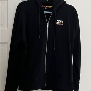 DKNY Black Zip Hoodie with Multicolor Stripe Logo